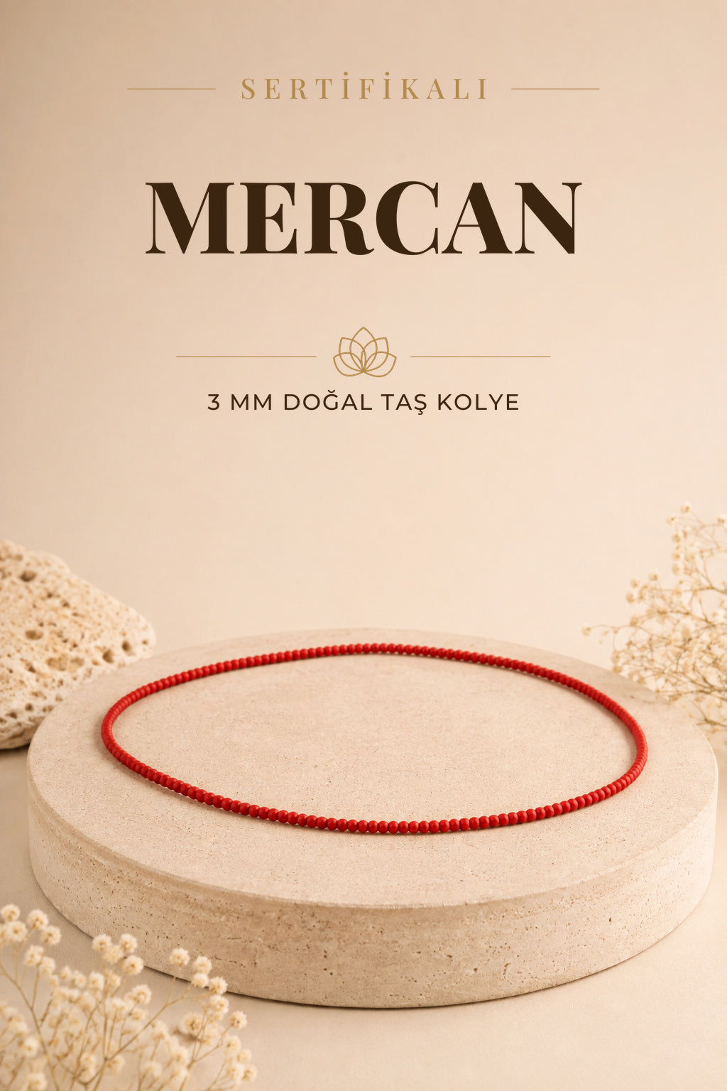 Sertifikalı Doğal Taş Kolye Okyanus (BOYASIZ ORİJİNAL) Kırmızı Mercan 3 Mm, M454