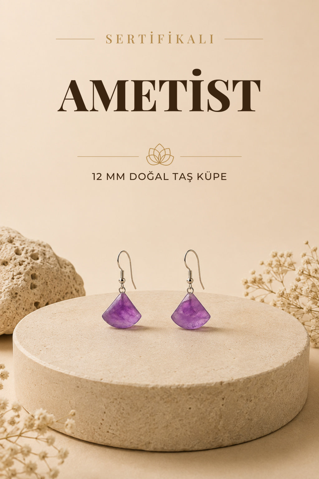 Sertifikalı Ametist Doğal Taş Küpe - 12mm Kare Mor