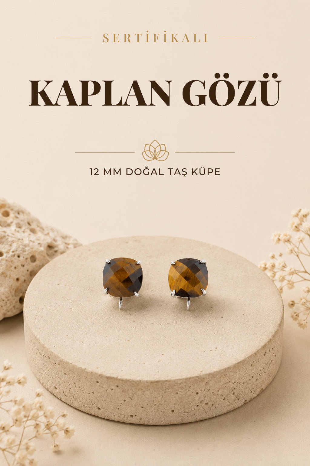 Sertifikalı Kaplangözü Doğal Taş Küpe - 12mm Kare Kahverengi