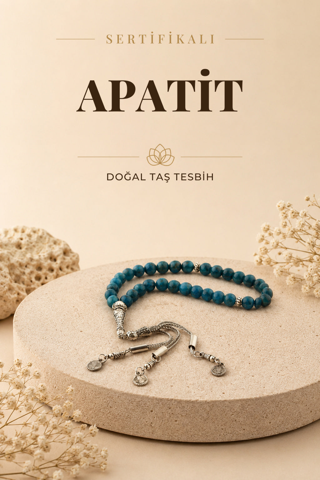 Sertifikalı Apatit Doğal Taş Tesbih
