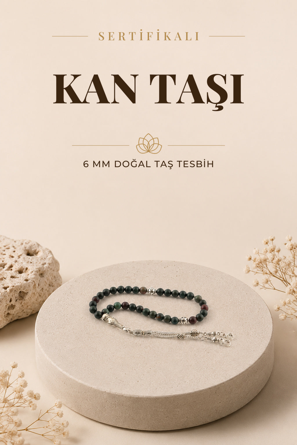 Sertifikalı Kan Taşı Doğal Taş Tesbih 6 Mm, T195