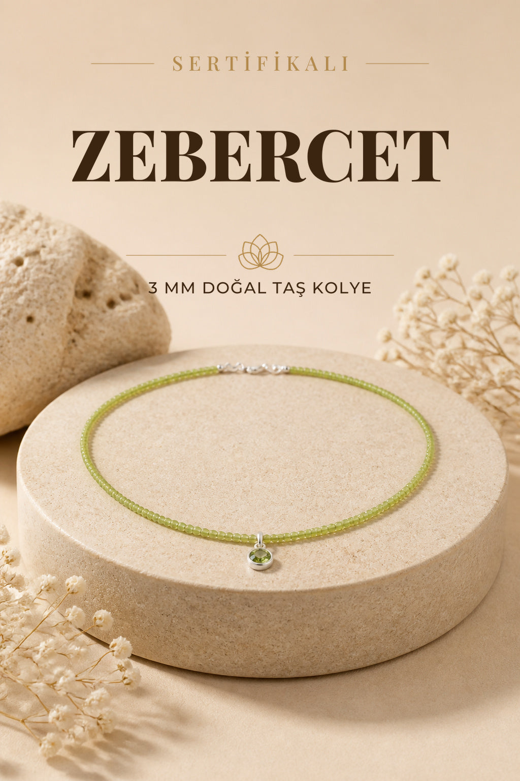 Sertifikalı Zebercet Doğal Taş Kolye - 3mm Yeşil