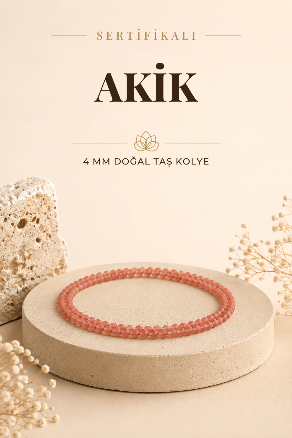 Sertifikalı Yemen Akiği Doğal Taş Kolye - 4mm Turuncu