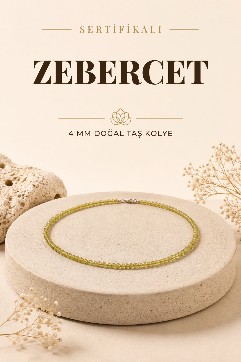 Sertifikalı Zebercet Doğal Taş Kolye - 4mm Yeşil