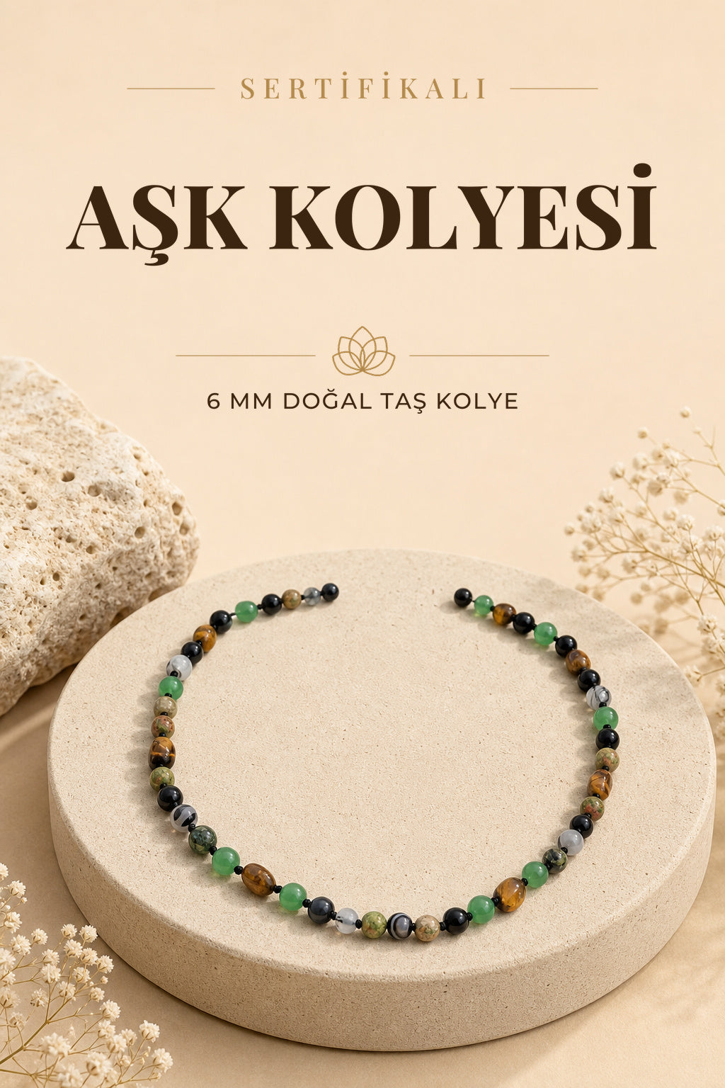 Sertifikalı Doğal Taş Erkeklere Özel Aşk Kolyesi 6mm