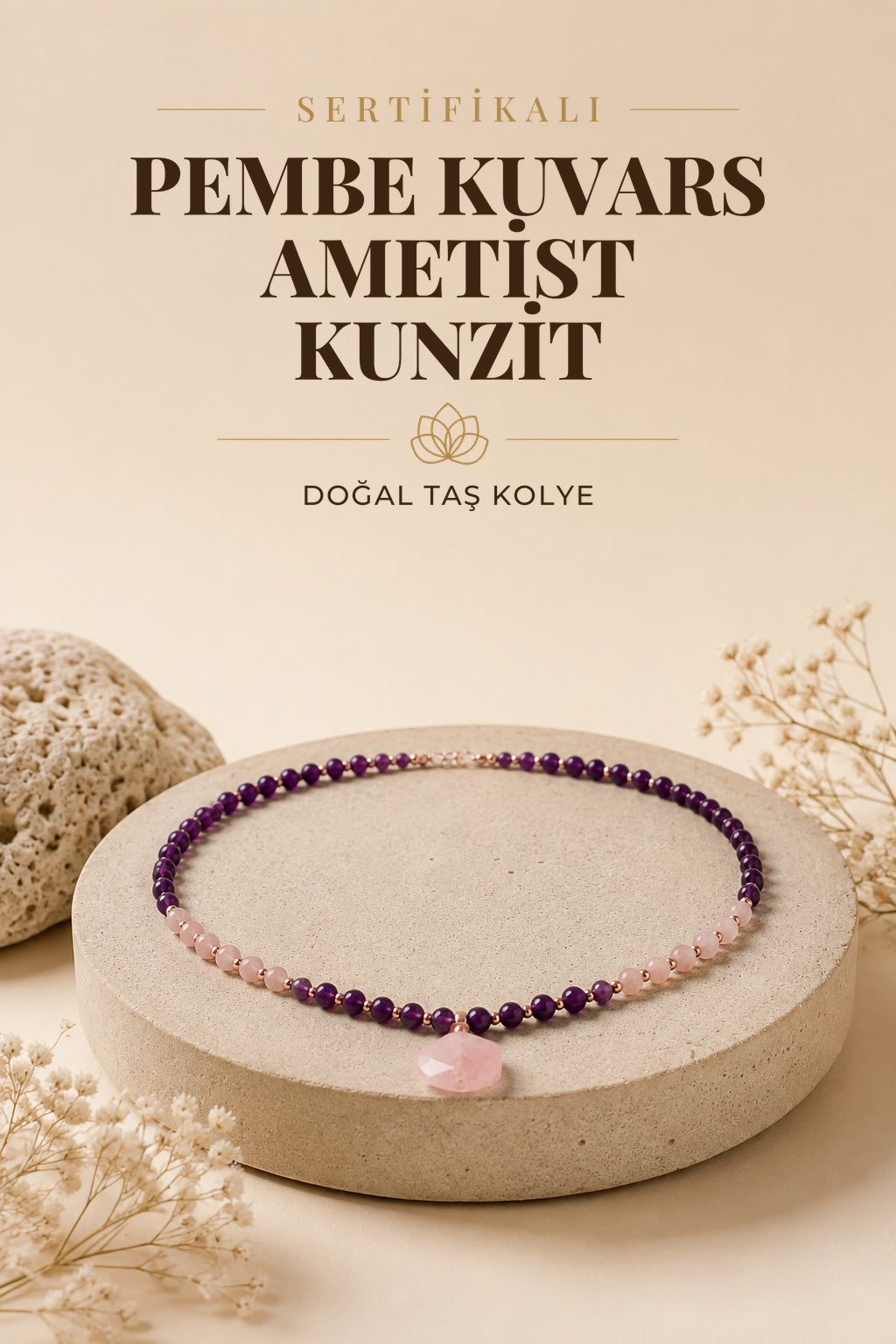 Sertifikalı Mala Kolye 108 Taş- Pembe Kuvars-ametist-kunzit Model Kodu Odtö8k7