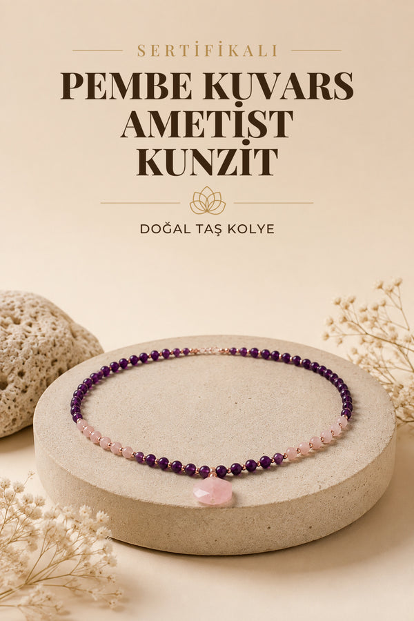 Sertifikalı Mala Kolye 108 Taş- Pembe Kuvars-ametist-kunzit Model Kodu Odtö8k7