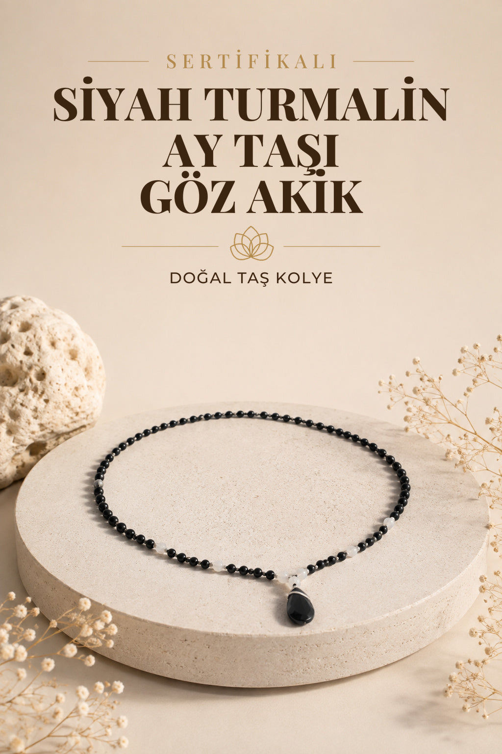 Sertifikalı Mala Kolye 108 Taş- Siyah Turmalin-ay Taşı-göz Akik