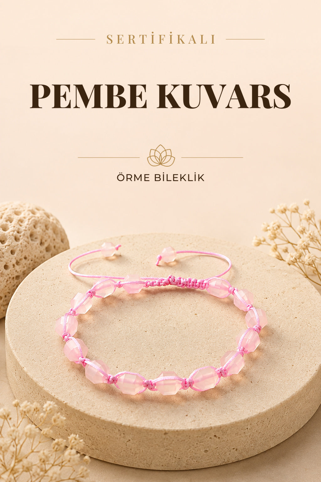 Sertifikalı Pembe Kuvars Örme Doğal Taş Bileklik