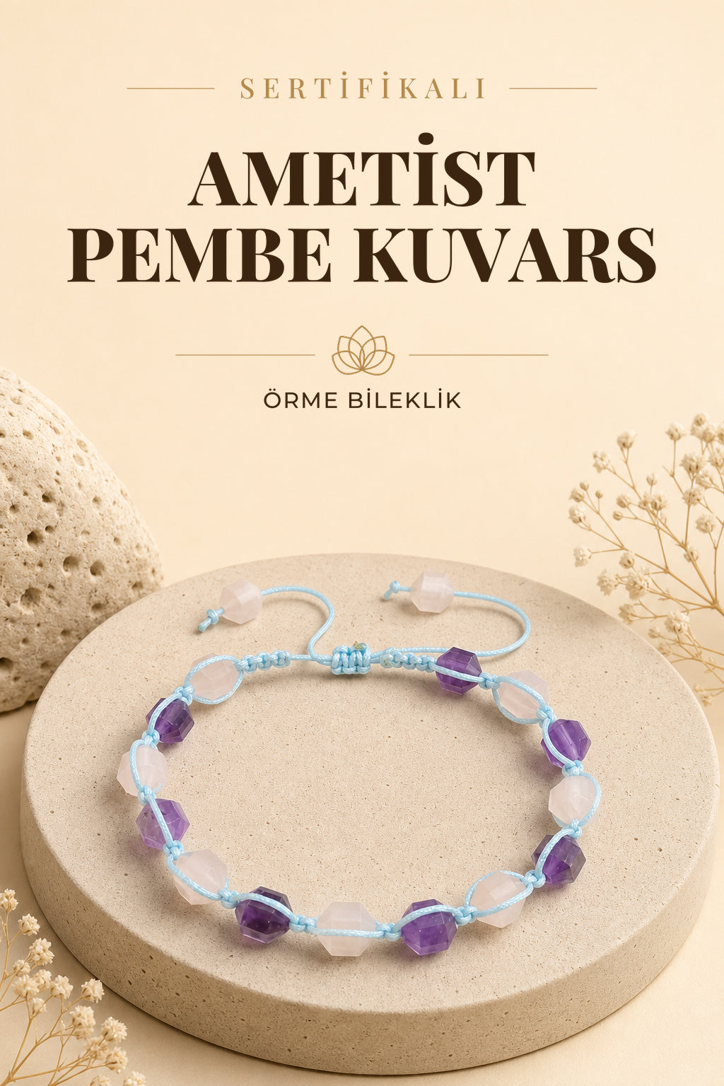 Sertifikalı Ametist - Pembe Kuvars Örme Bileklik