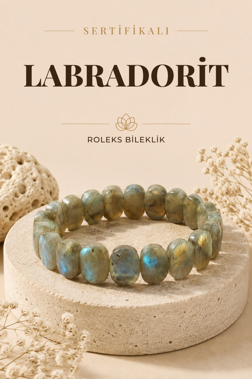 Sertifikalı Labradorit Doğal Taş Roleks Bileklik 15 Mm - B487