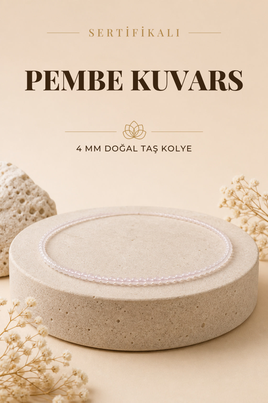 Sertifikalı Pembe Kuvars Doğaltaş Kolye 4 Mm, M482