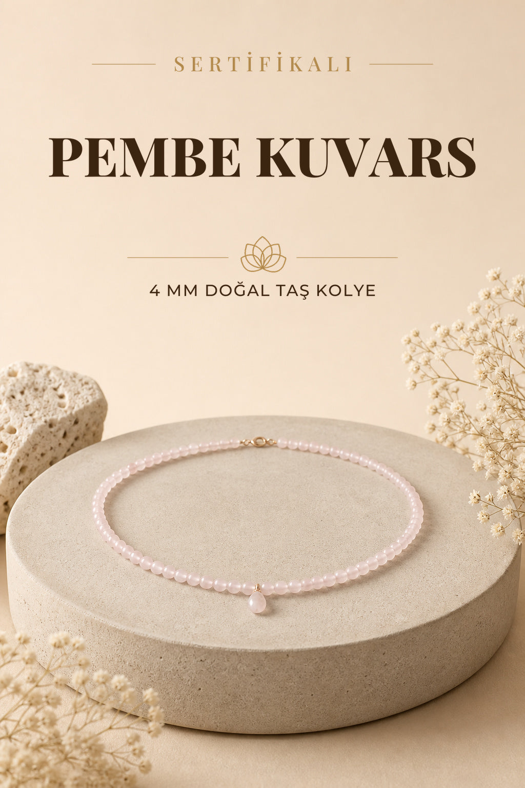 Sertifikalı Pembe Kuvars Doğaltaş Kolye 4mm, M491