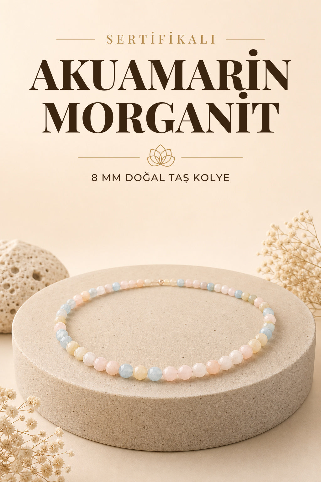 Sertifikalı Akuamarin, Morganit Doğaltaş Kolye 8 Mm, M503