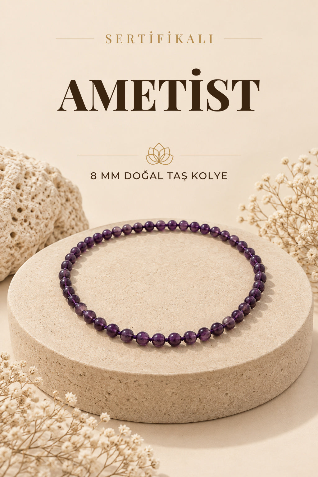 Sertifikalı Ametist Doğaltaş Kolye 8 Mm, M505