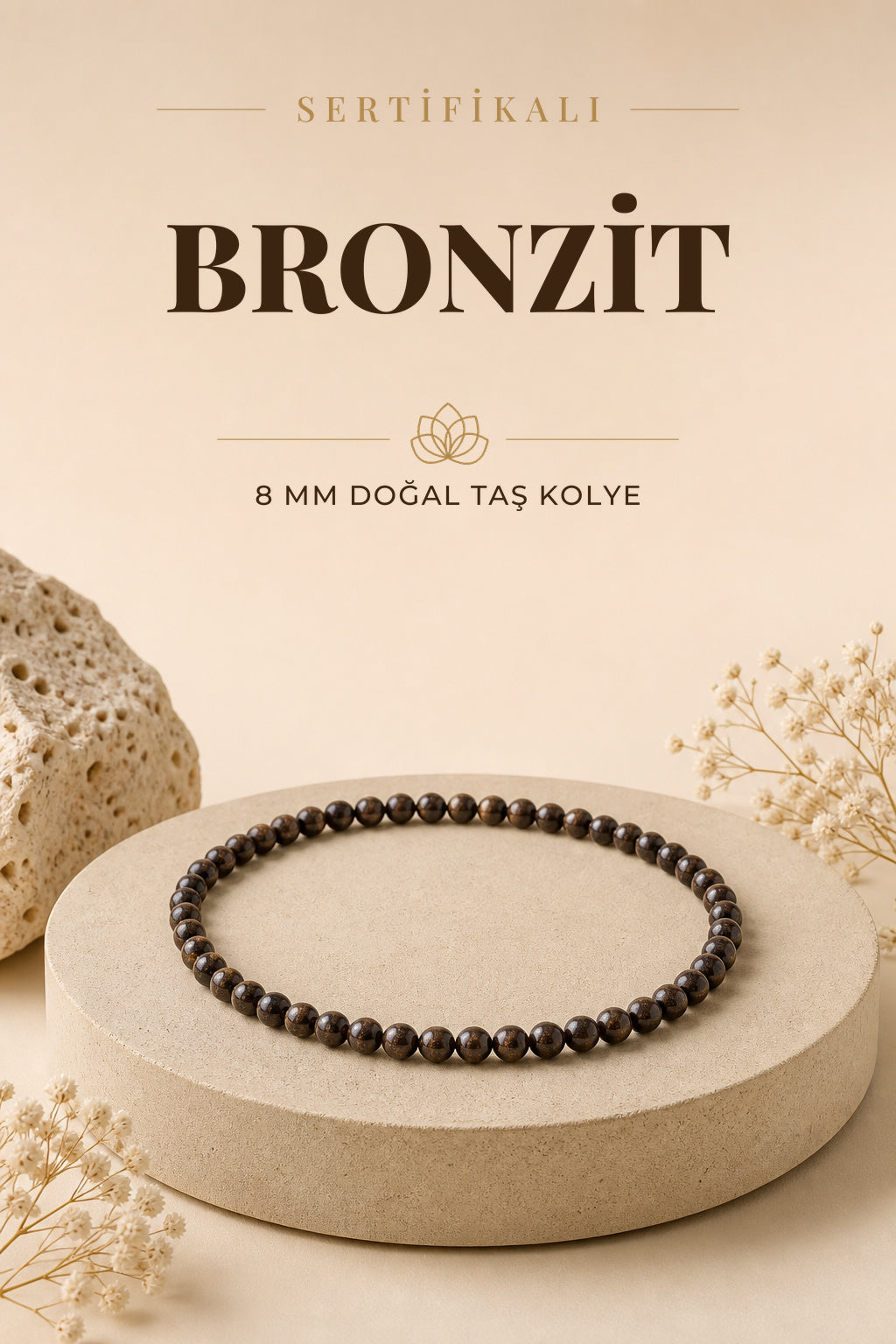 Sertifikalı Bronzit Doğaltaş Kolye 8 Mm, M512