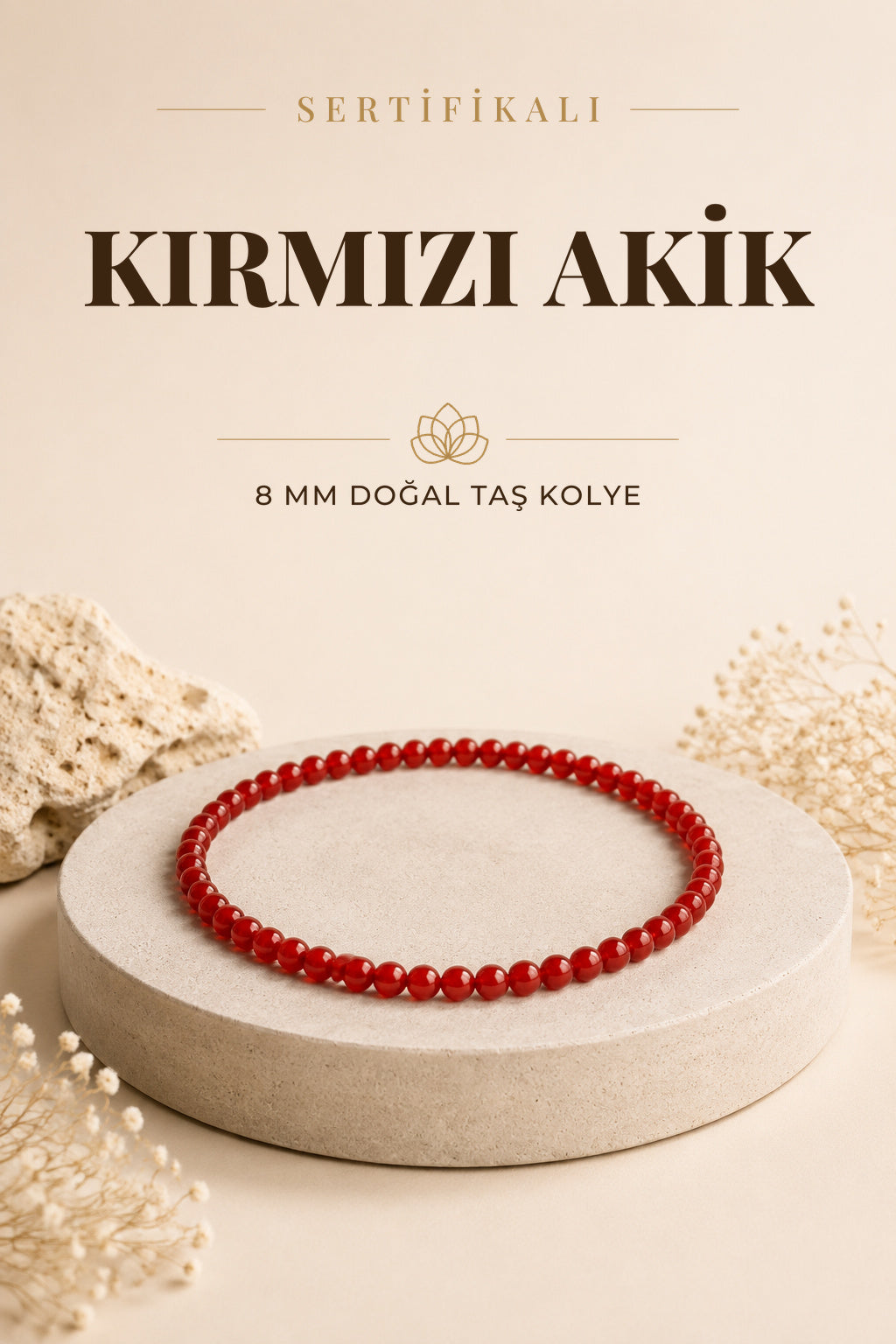 Sertifikalı Kırmızı Akik Doğaltaş Kolye 8 Mm, M513