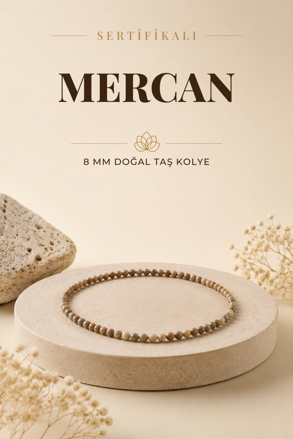 Sertifikalı Fosil Mercan Doğaltaş Kolye 8 Mm, M516