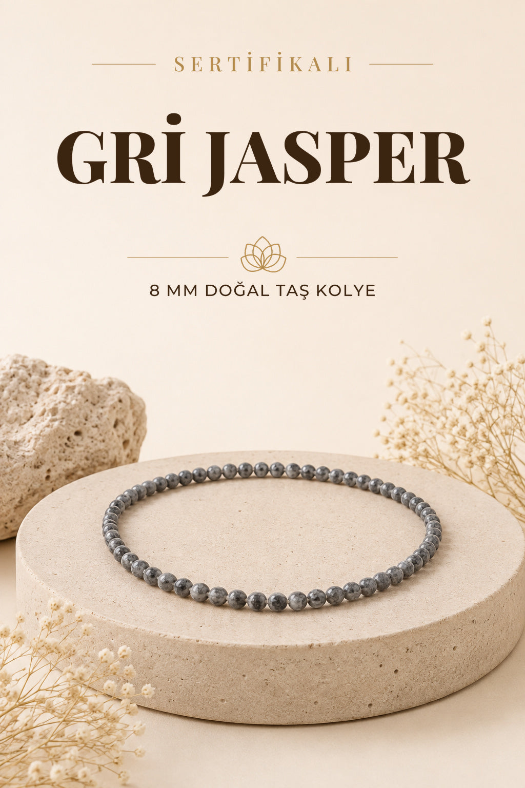 Sertifikalı Gri Jasper Doğaltaş Kolye 8 Mm, M517