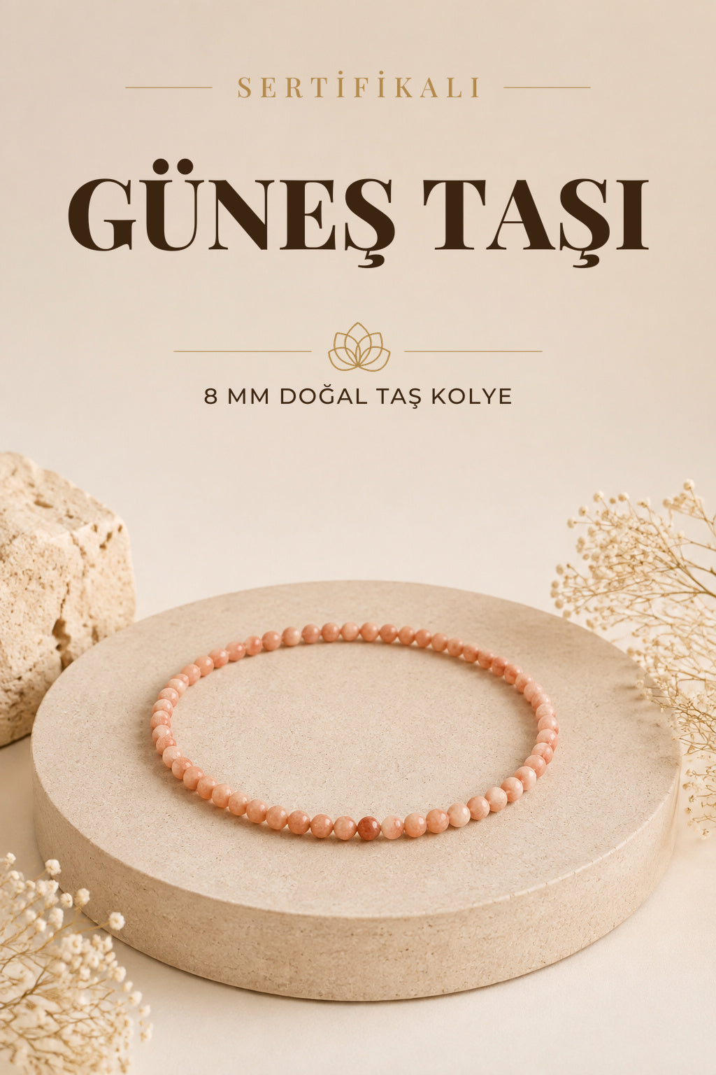 Sertifikalı Güneş Taşı Doğaltaş Kolye 8 Mm, M518