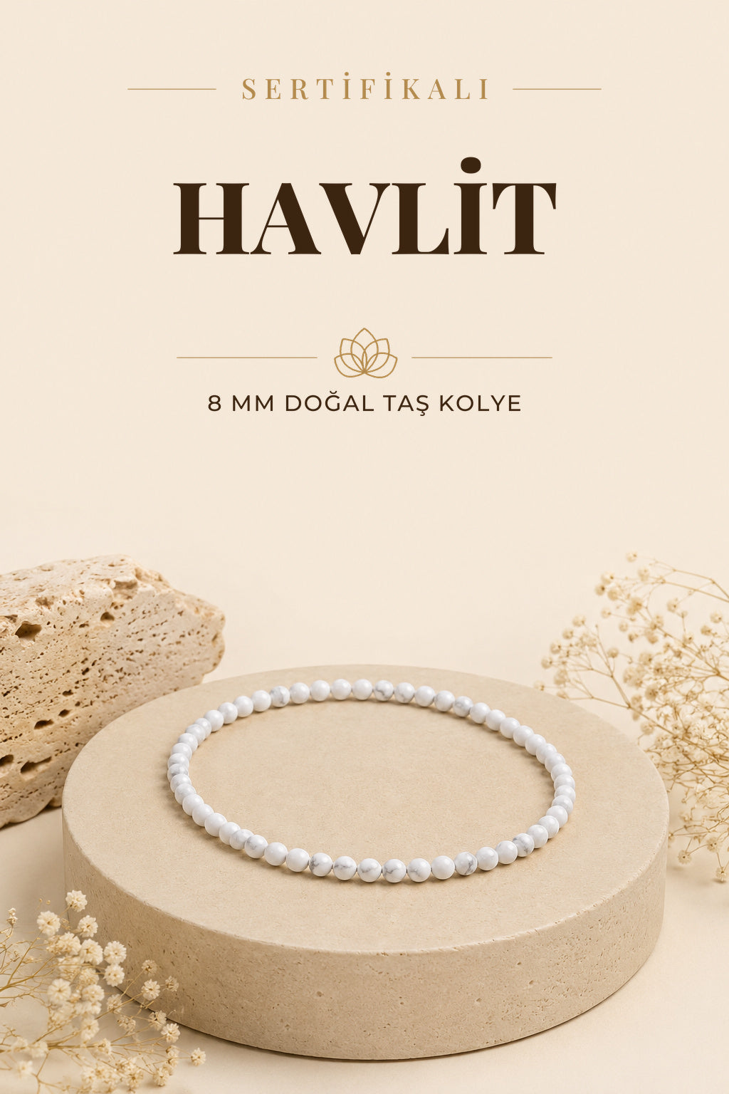 Sertifikalı Havlit Doğaltaş Kolye 8 Mm, M519