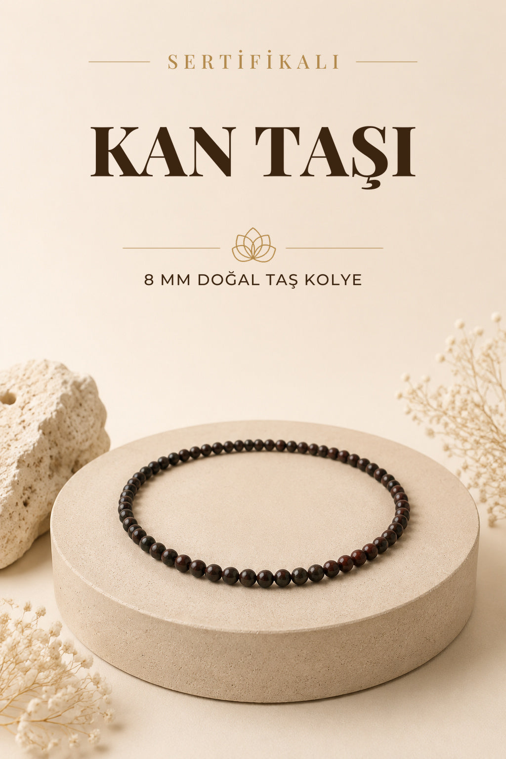Sertifikalı Kan Taşı Doğaltaş Kolye 8 Mm, M523