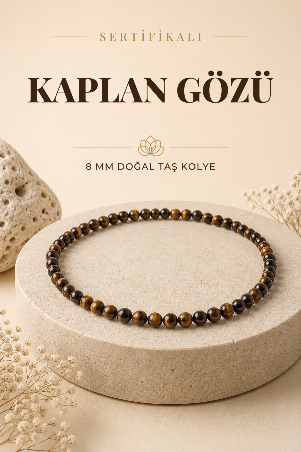 Sertifikalı Kaplan Gözü Doğaltaş Kolye 8 Mm, M525