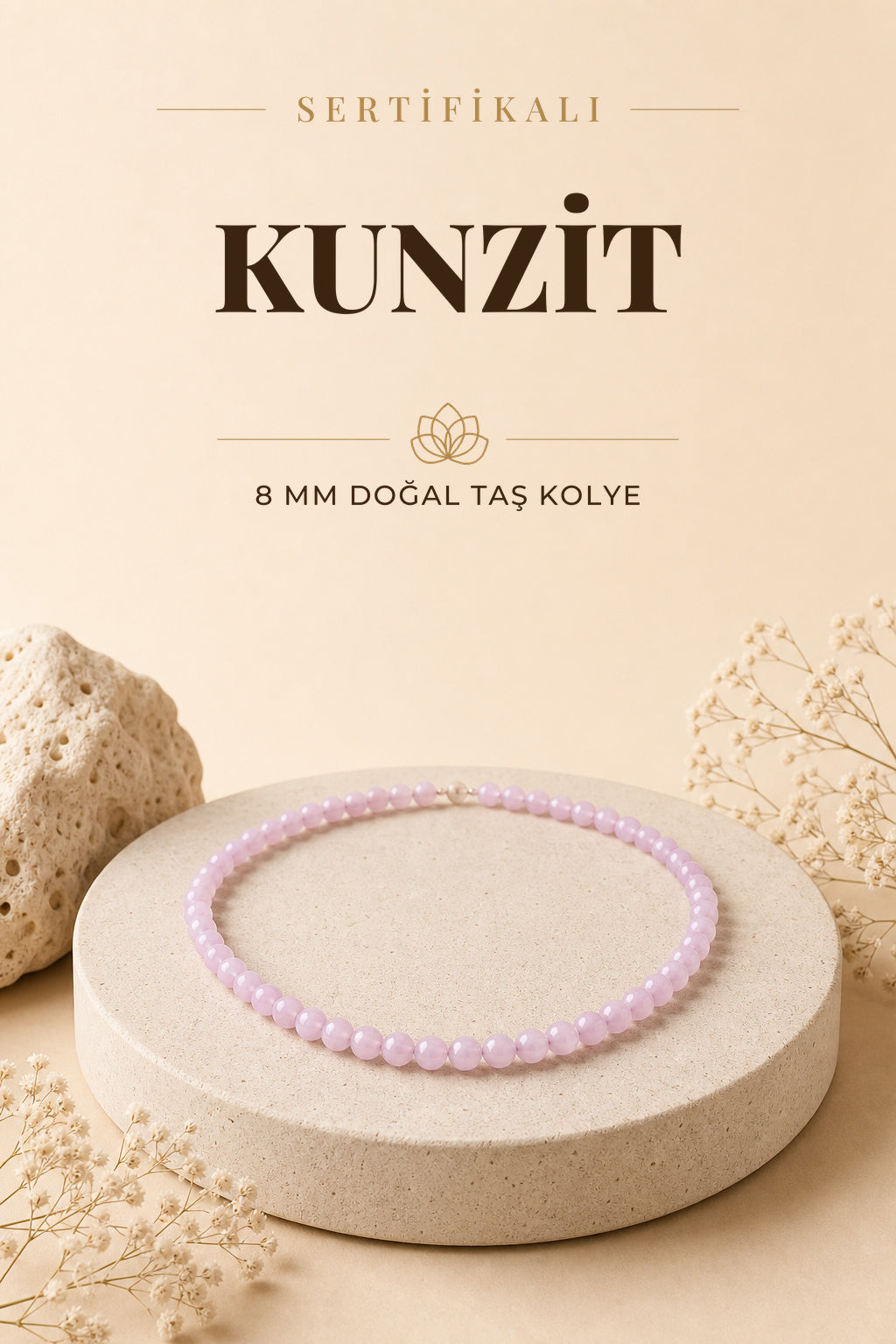 Sertifikalı Kunzit Doğaltaş Kolye 8 Mm, M528