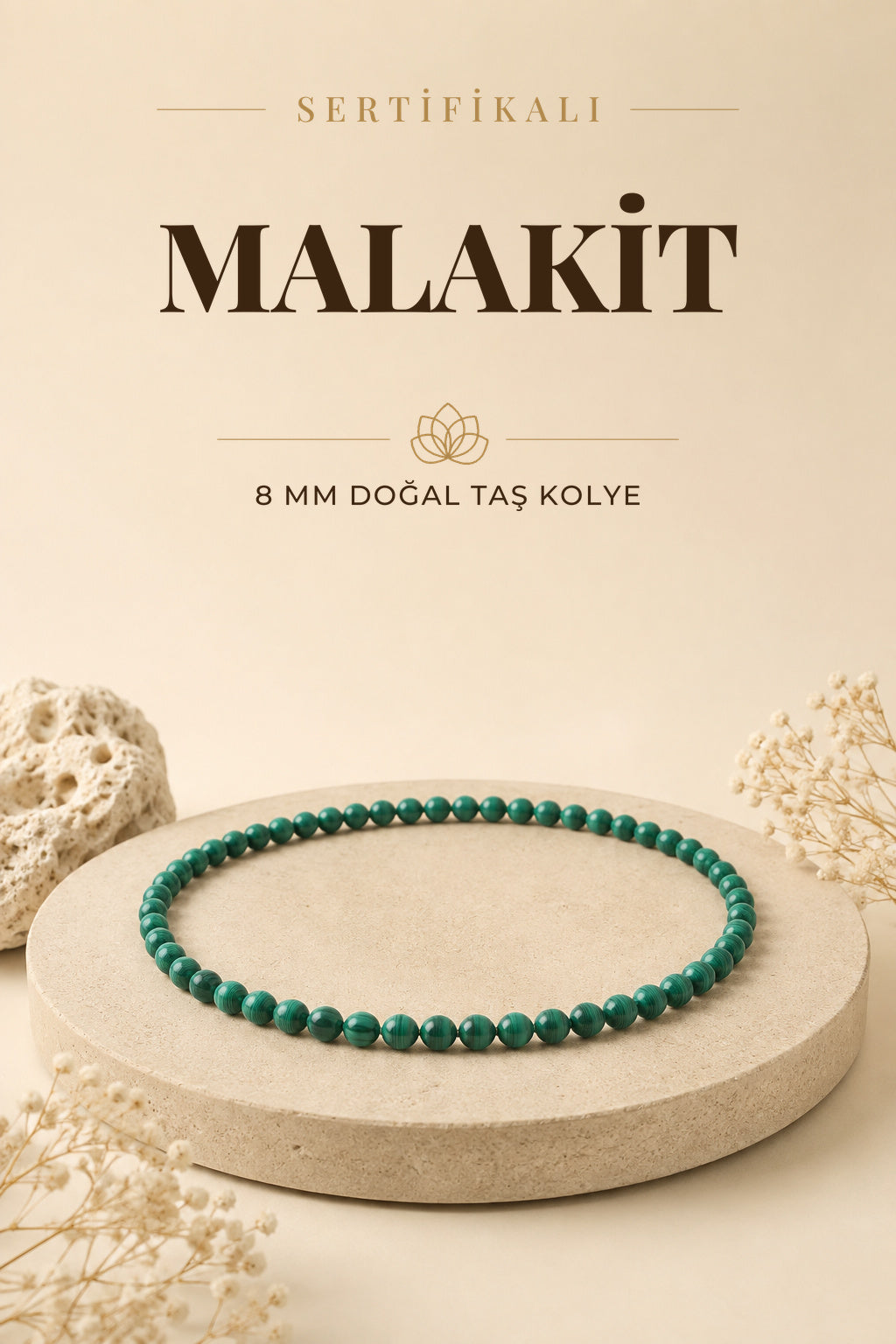 Sertifikalı Malakit Doğaltaş Kolye 8 Mm, M534