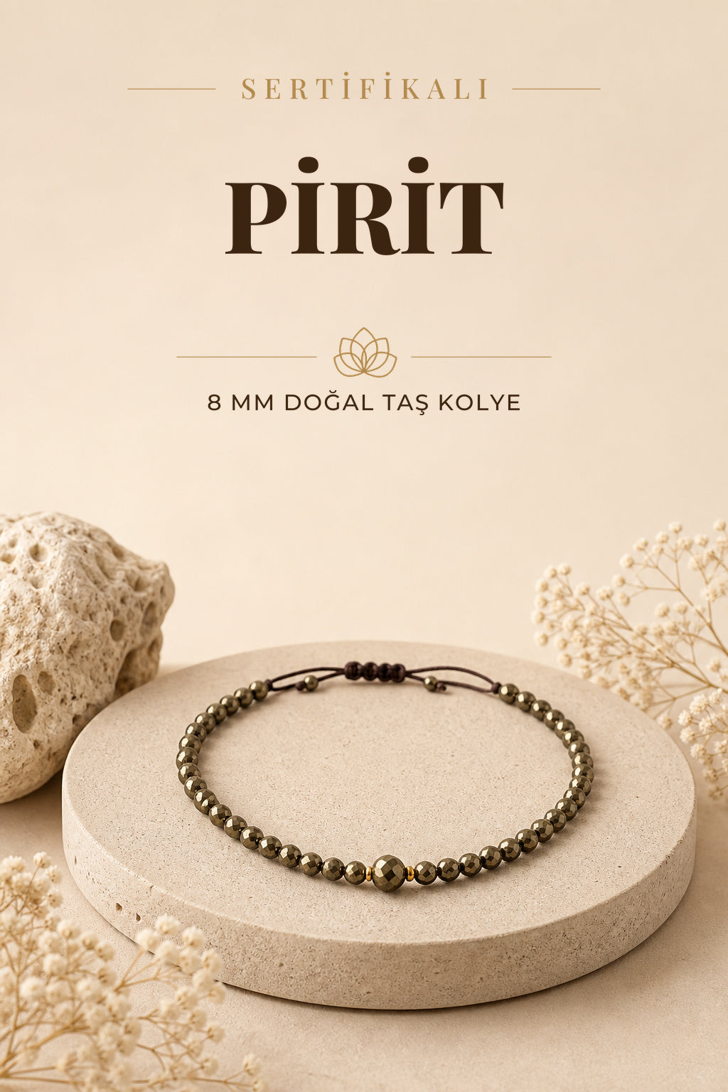 Sertifikalı Pirit Doğaltaş Kolye 8 Mm, M537