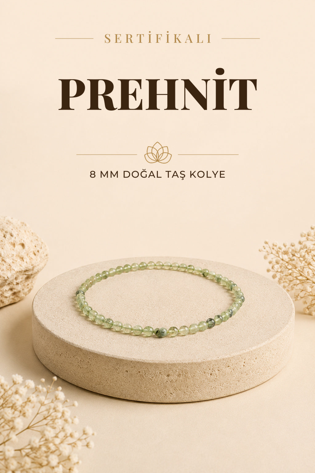Sertifikalı Prehnit Doğaltaş Kolye 8 Mm, M538