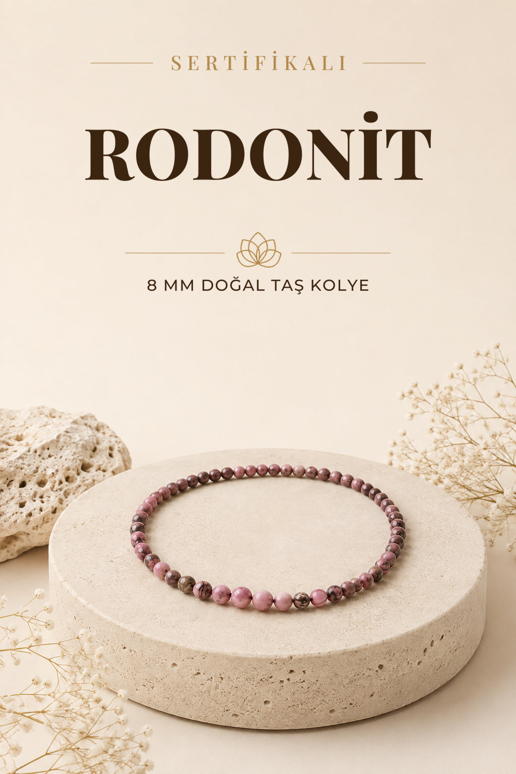 Sertifikalı Rodonit Doğaltaş Kolye 8 Mm, M540