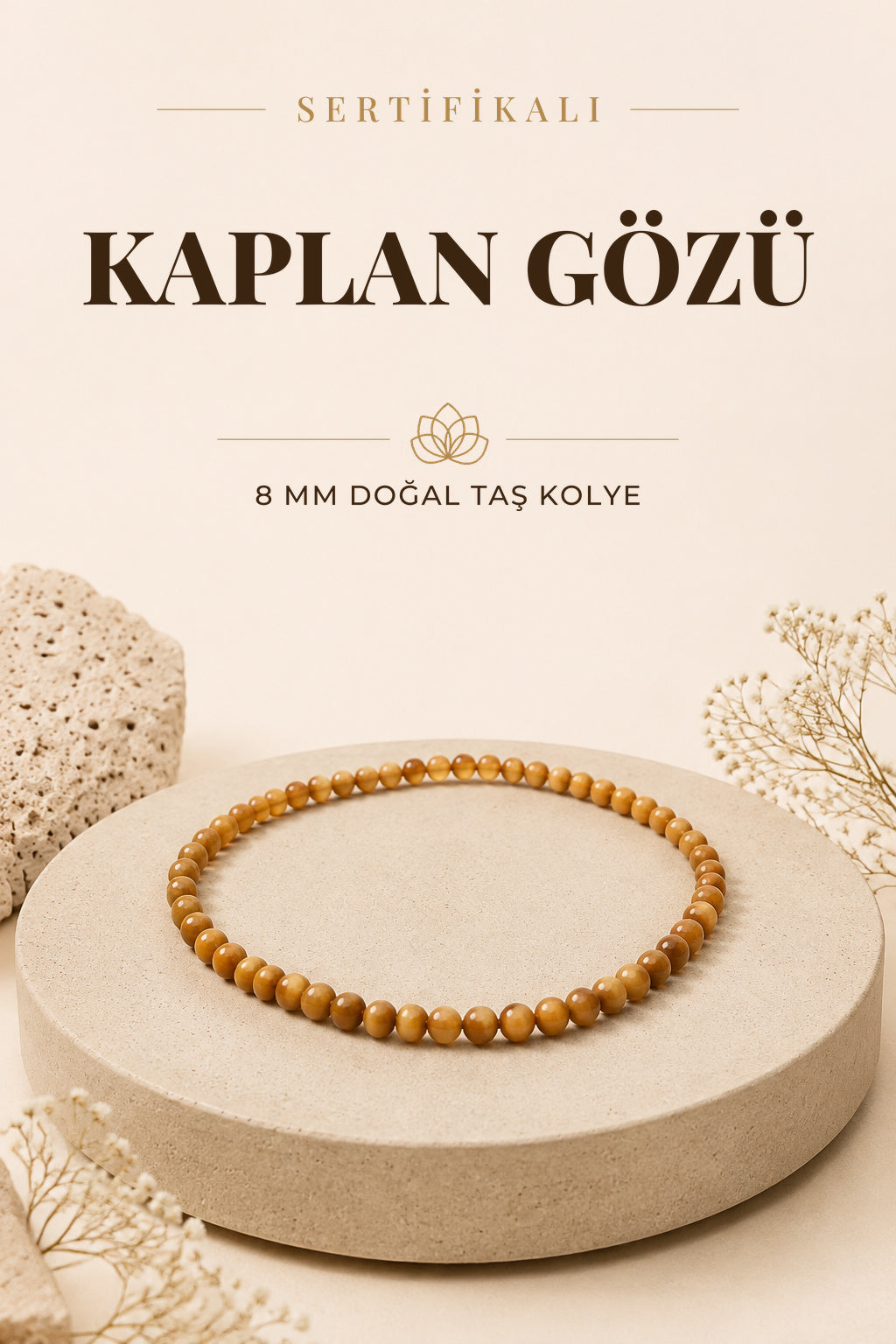Sertifikalı Sarı Kaplan Gözü Doğaltaş Kolye 8 Mm, M541