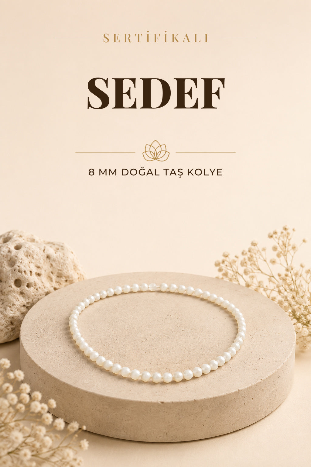 Sertifikalı Sedef Doğaltaş Kolye 8 Mm, M543