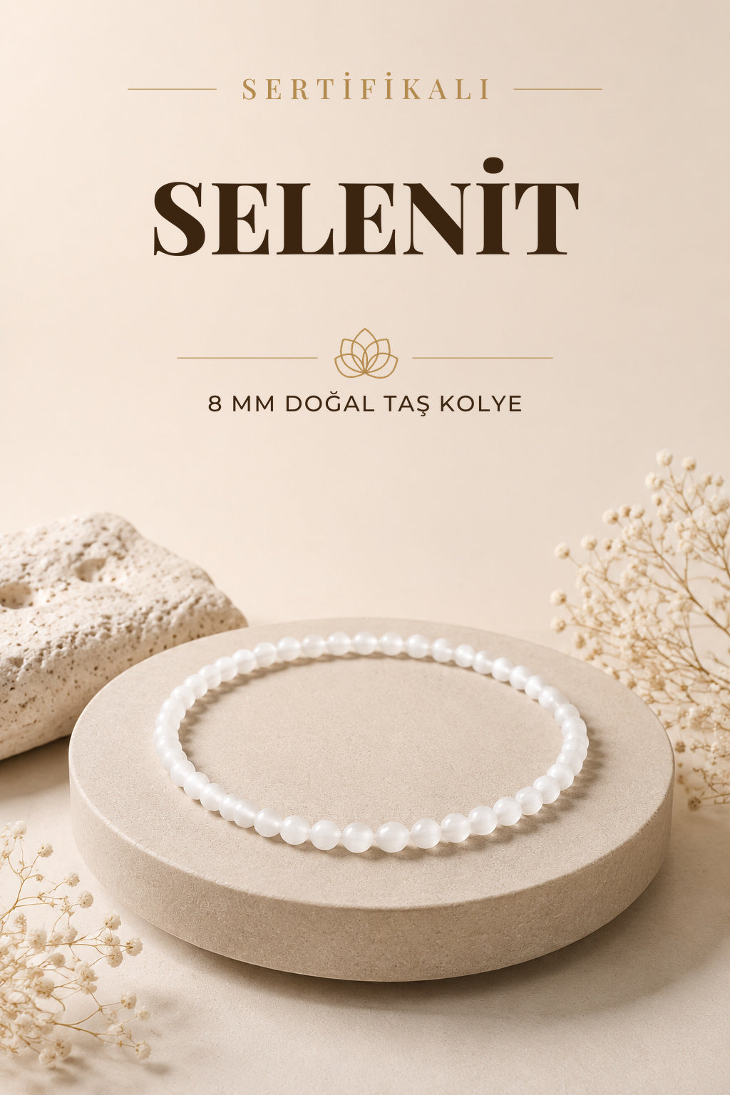 Sertifikalı Selenit Doğaltaş Kolye 8 Mm, M544