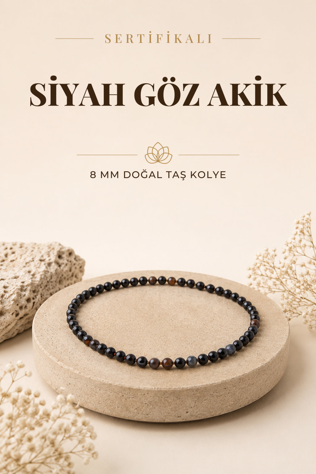 Sertifikalı Siyah Göz Akik Doğaltaş Kolye 8 Mm, M546