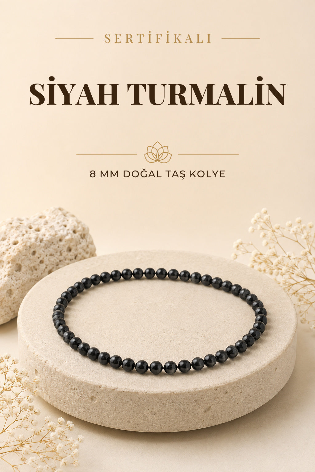 Sertifikalı Siyah Turmalin Doğaltaş Kolye 8 Mm, M547
