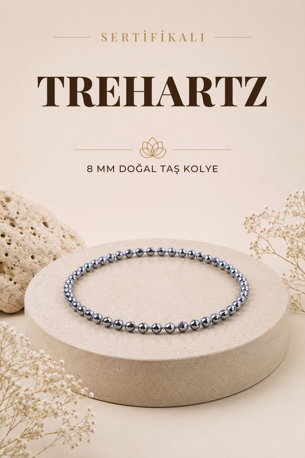 Sertifikalı Trehartz Doğaltaş Kolye 8 Mm, M549