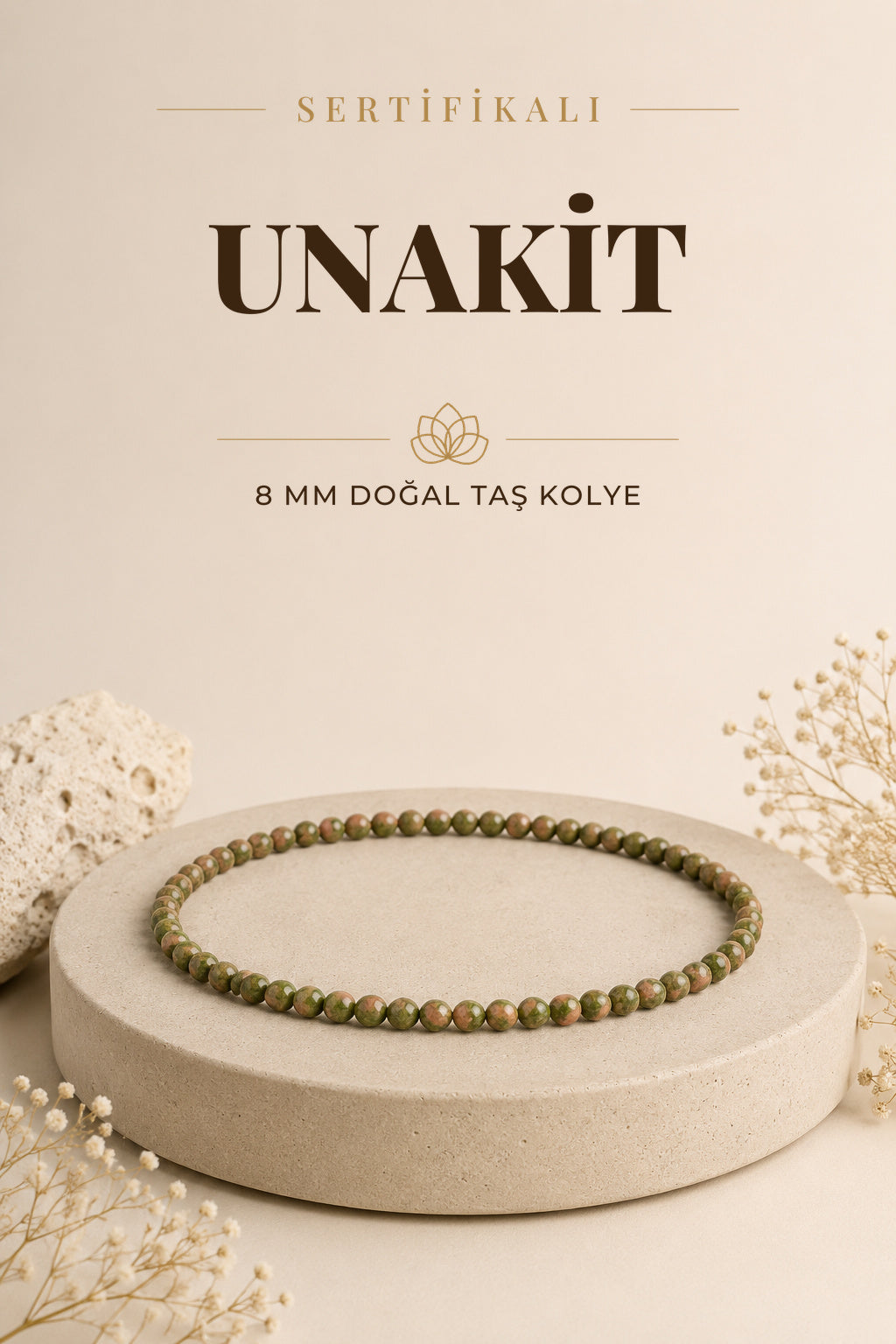 Sertifikalı Unakit Doğaltaş Kolye 8 Mm, M551