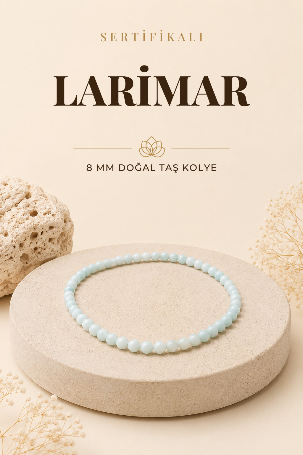 Sertifikalı Yeşil Larimar Doğaltaş Kolye 8 Mm, M552