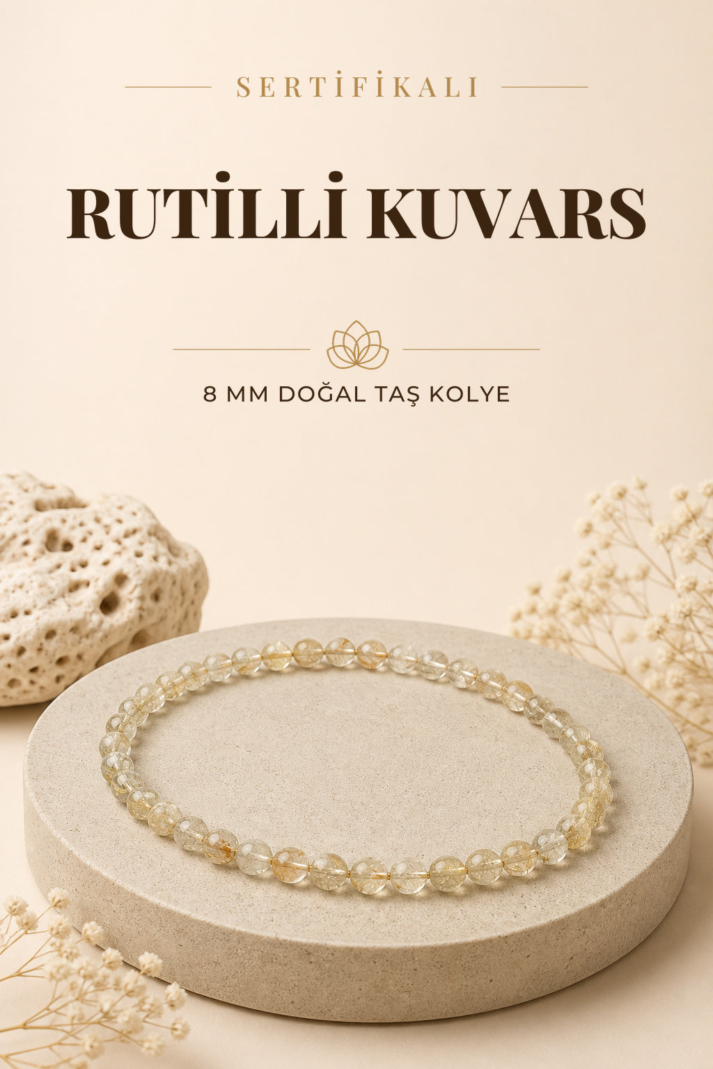 Sertifikalı Yeşil Rutilli Kuvars Doğaltaş Kolye 8 Mm, M553