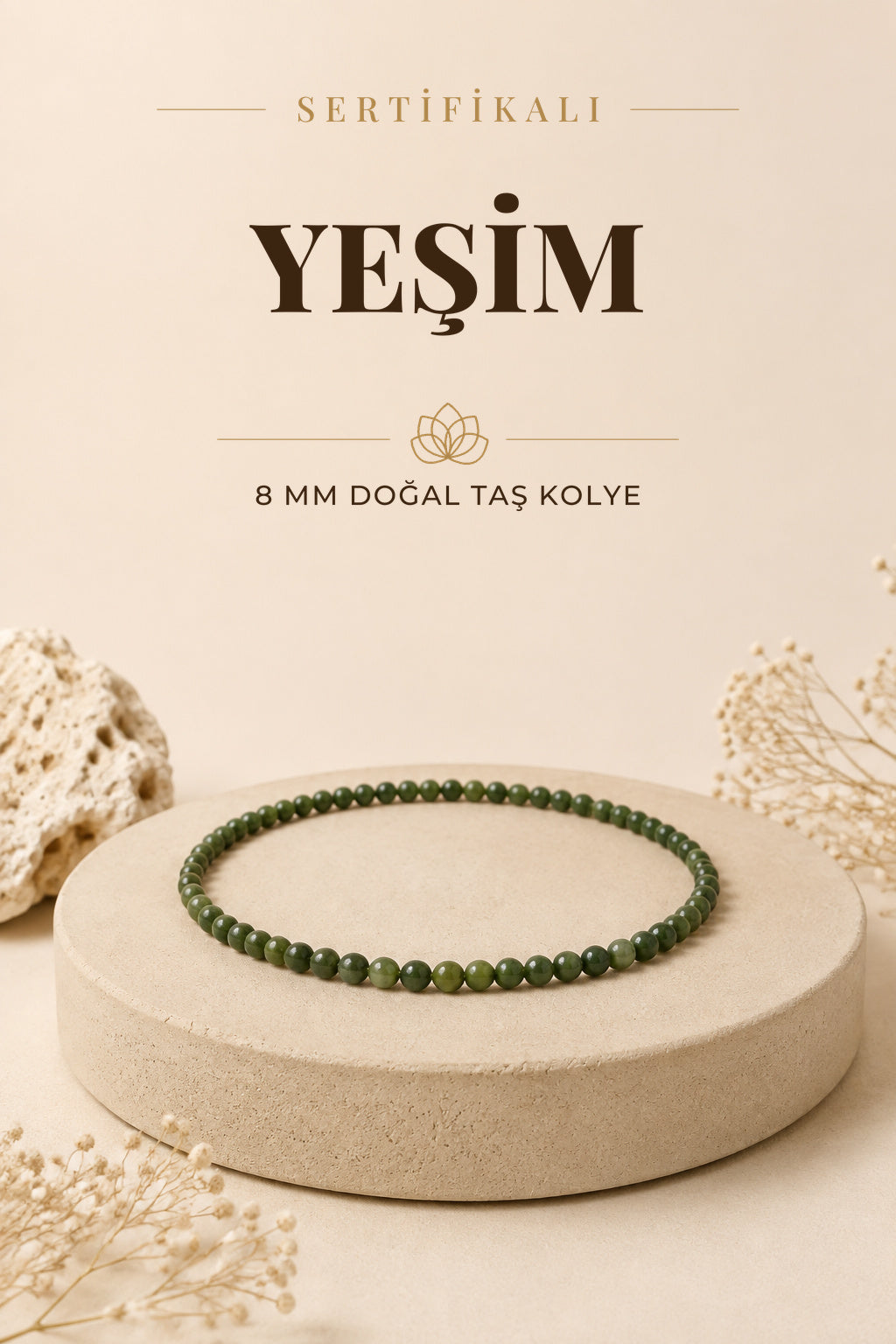 Sertifikalı Kanada Yeşim Doğaltaş Kolye 8 Mm, M554