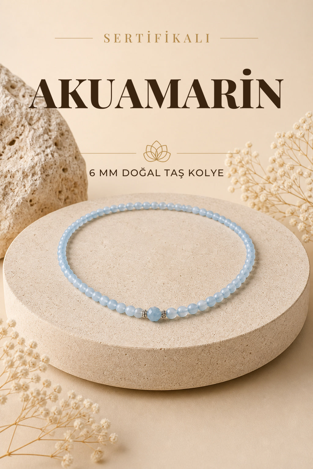 Sertifikalı Akuamarin Doğaltaş Kolye 6 Mm, M556