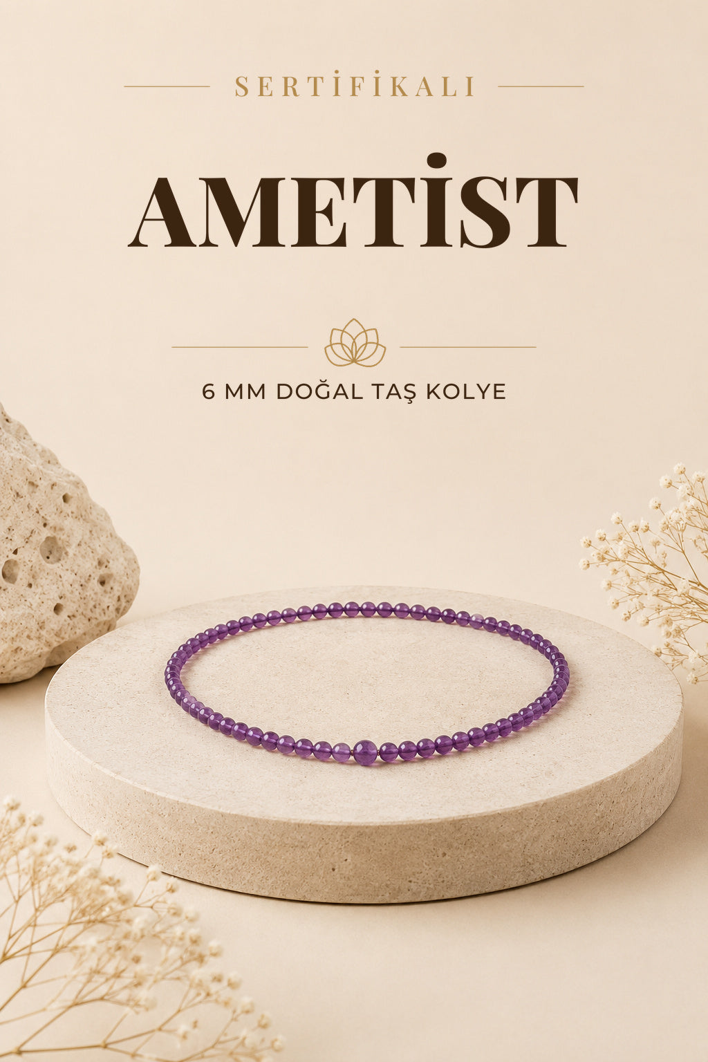 Sertifikalı Ametist Doğaltaş Kolye 6 mm M556