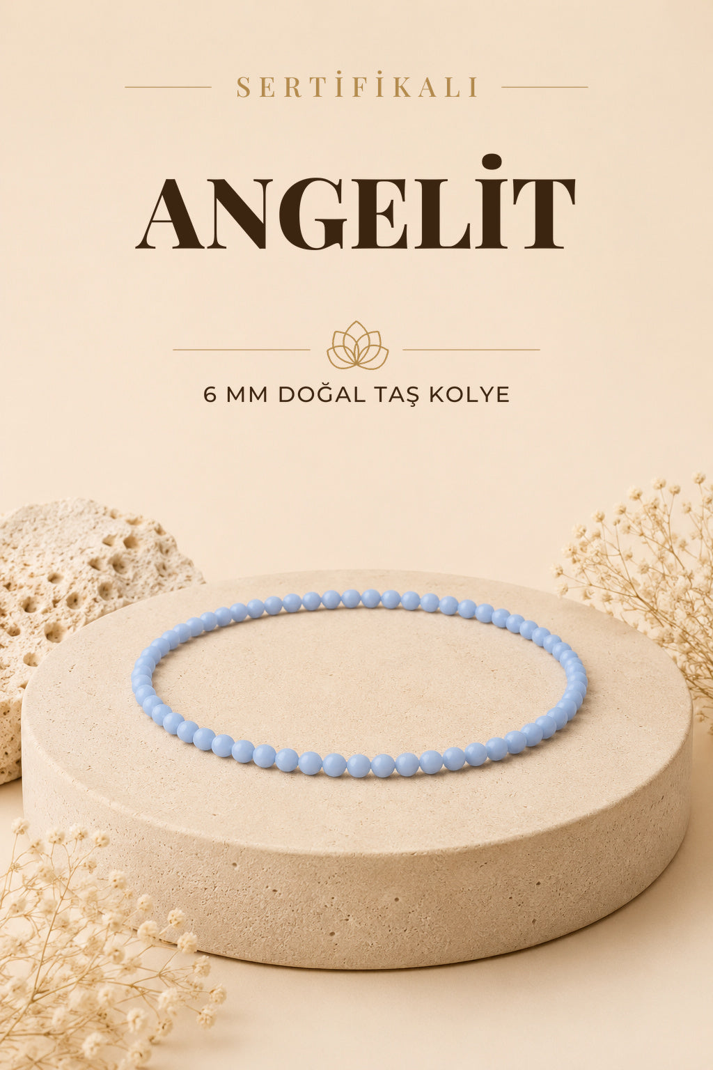 Sertifikalı Anjelit Doğaltaş Kolye 6 Mm, M557