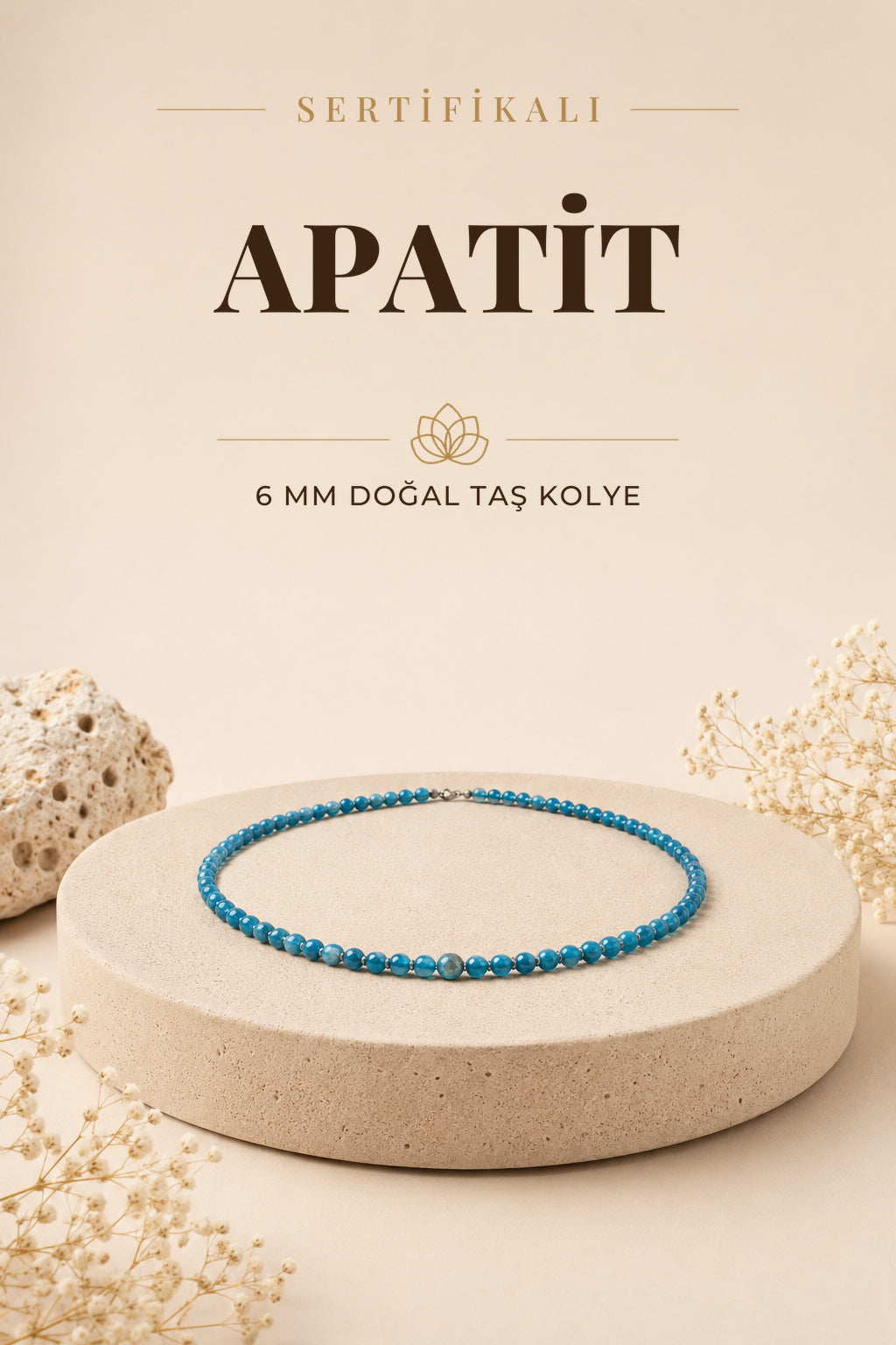 Sertifikalı Apatit Doğaltaş Kolye 6 Mm, M559