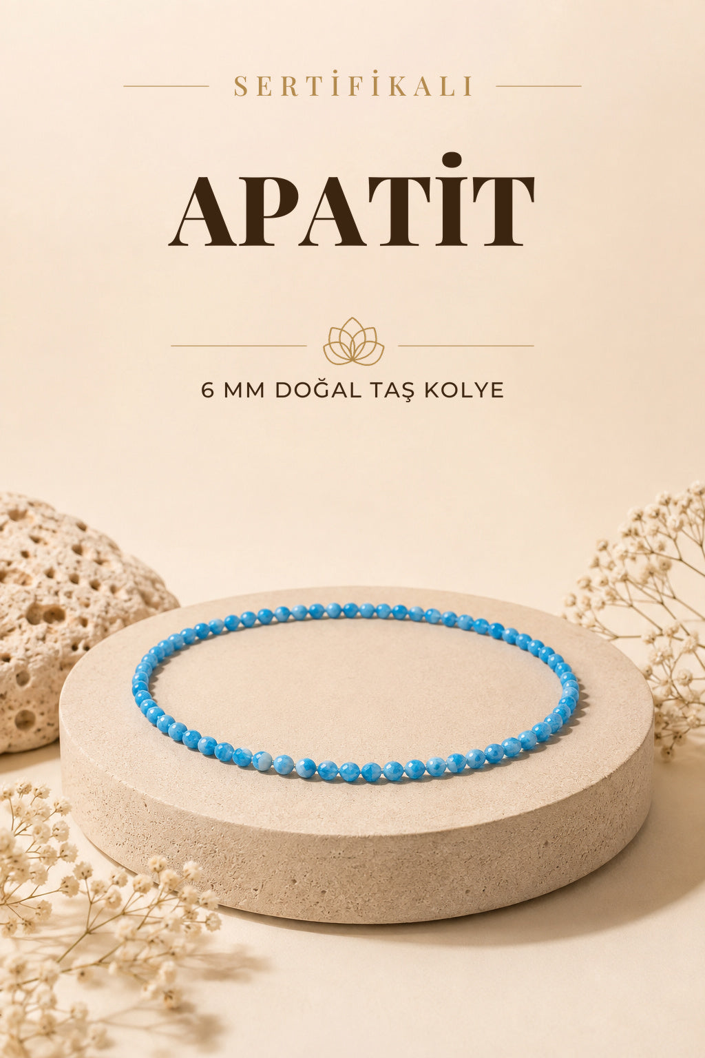 Sertifikalı Apatit Doğaltaş Kolye 6 Mm, M560
