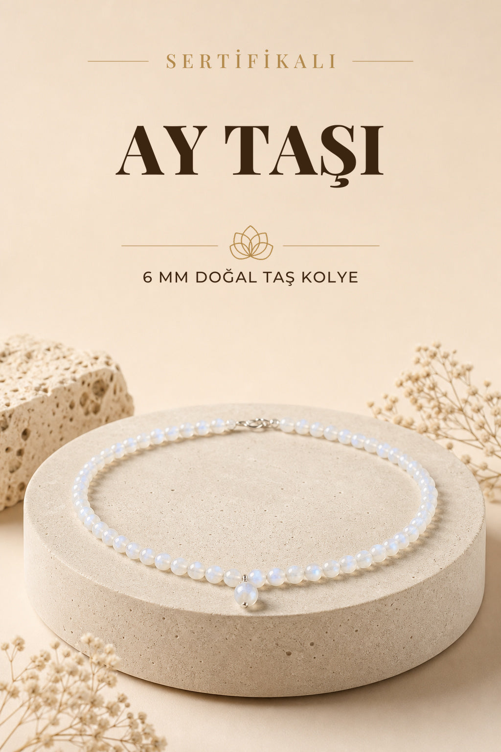 Sertifikalı Ay Taşı Doğaltaş Kolye 6 Mm, M562