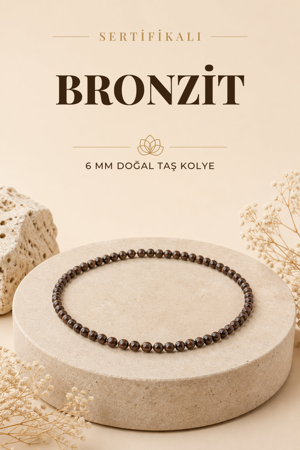 Sertifikalı Bronzit Doğaltaş Kolye 6 Mm, M566