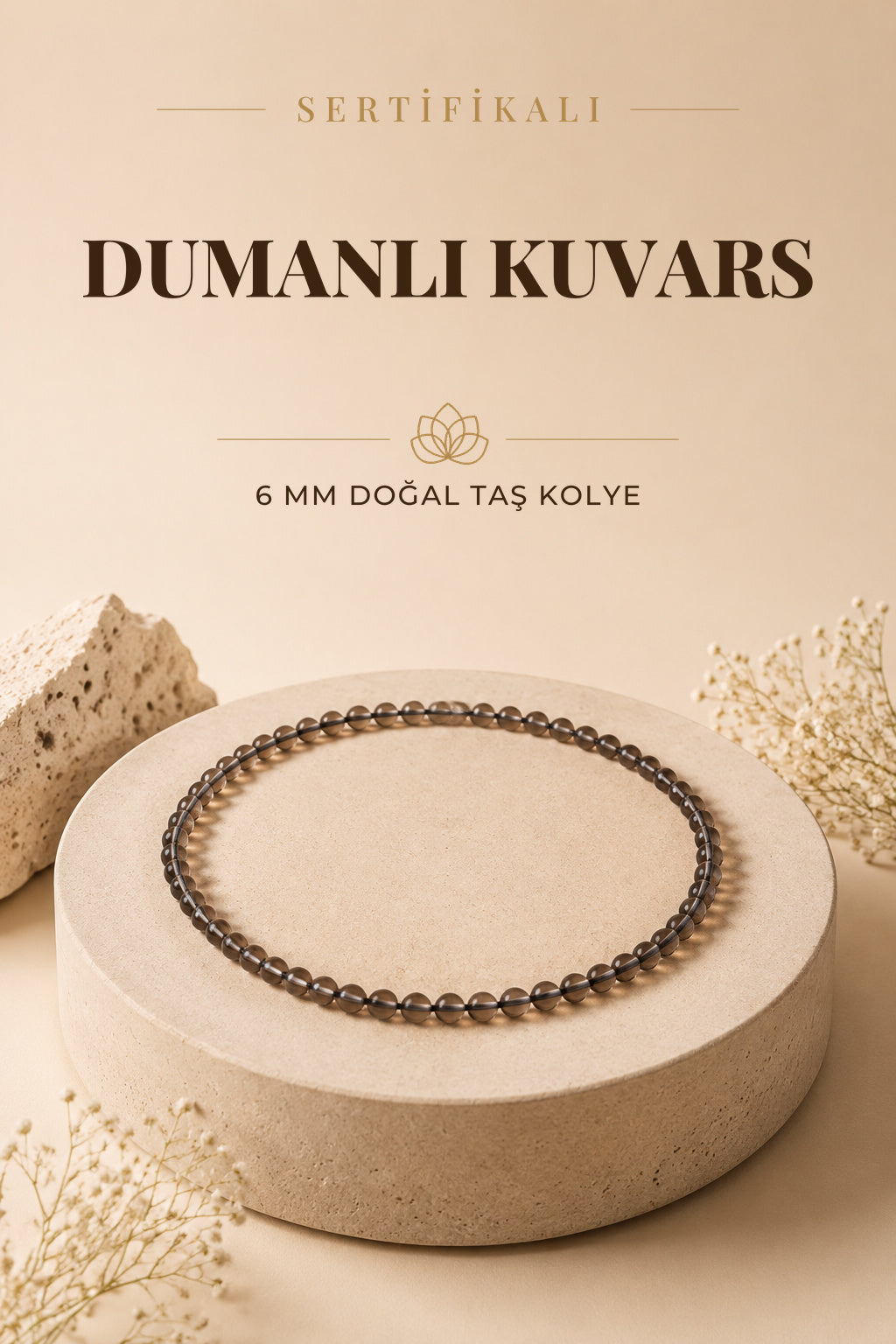 Sertifikalı Dumanlı Kuvars Doğaltaş Kolye 6 Mm, M567